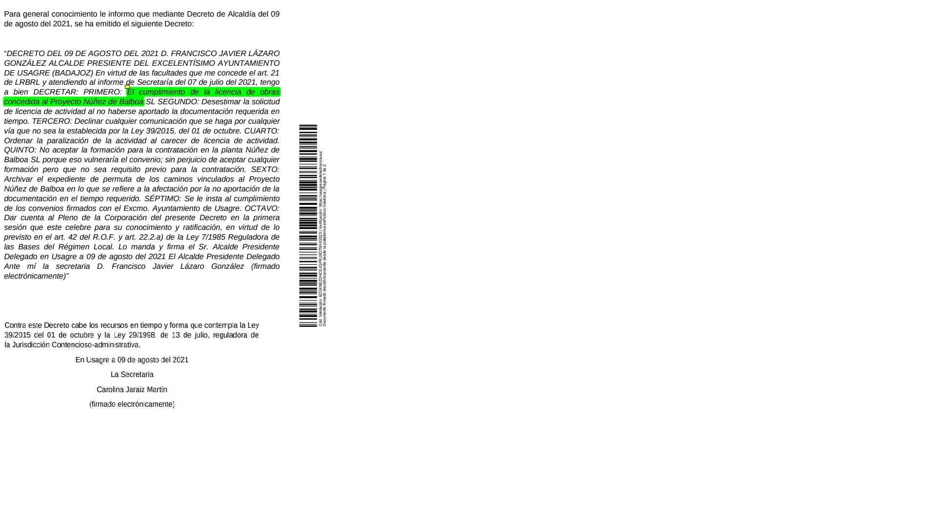 Decreto de la alcaldía de Usagre sobre la licencia de actividad de la planta fotovoltaica