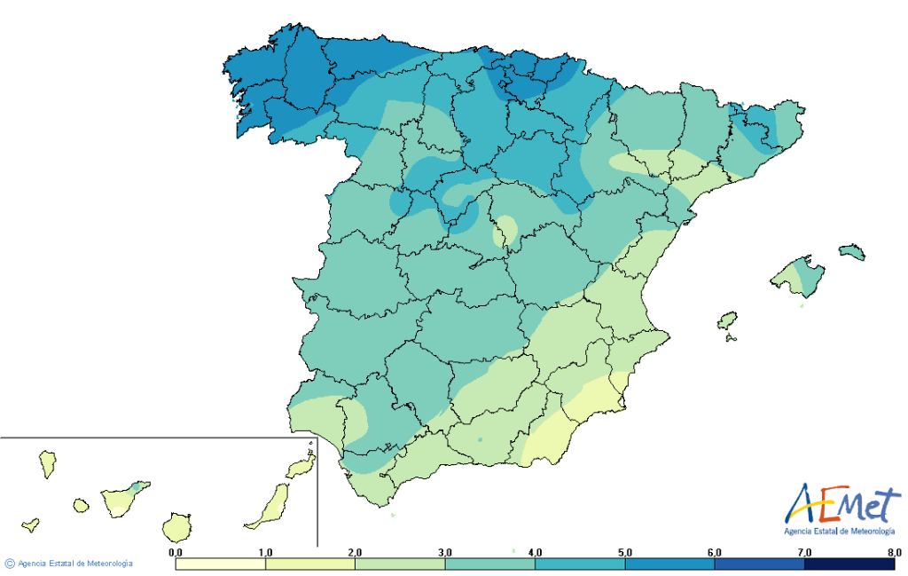 Número medio de días de precipitación entre el 28 de marzo y el 5 de abril. Periodio 1981-2020. Fuente AEMET.