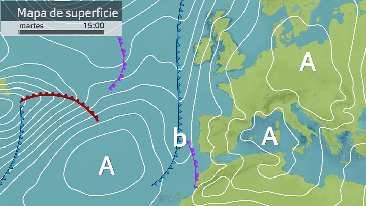 Mapa de superficie + frentes previsto para hoy martes 14 de febrero
