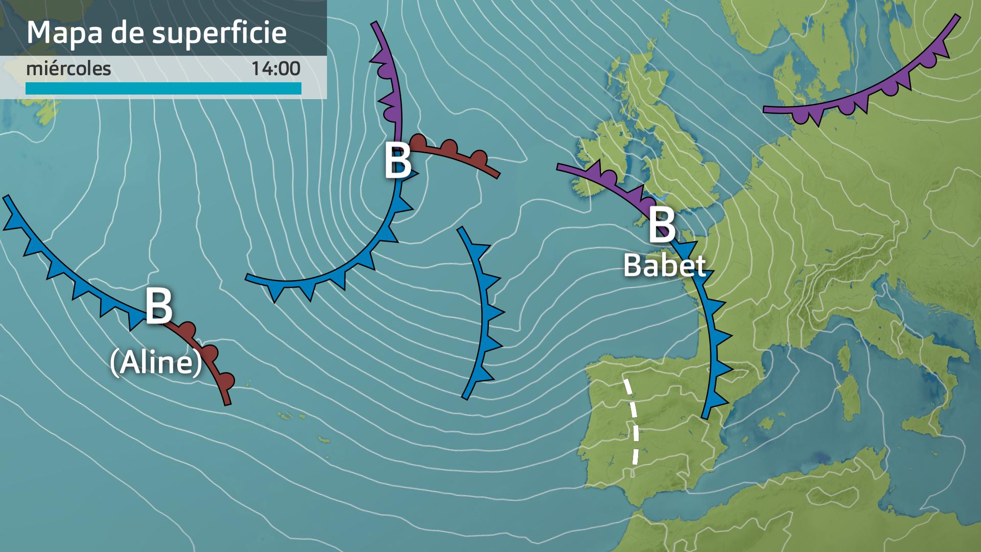 Mapa de superficie previsto para hoy miércoles 18 de octubre 14 h.