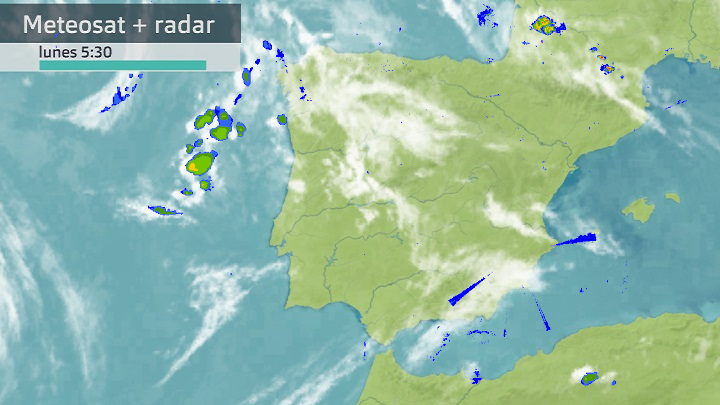 Imagen del Meteosat + radar meteorológico lunes 12 de junio 5:30 h.