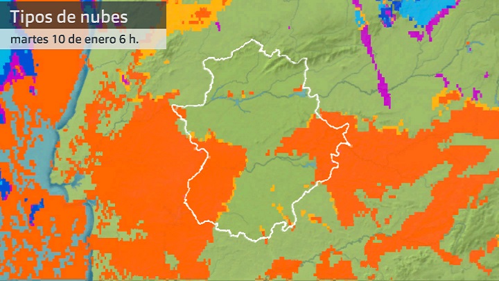 Imagen del Meteosat (tipos de nubes) martes 10 de enero 6 h. En naranja, las nubes bajas y las nieblas