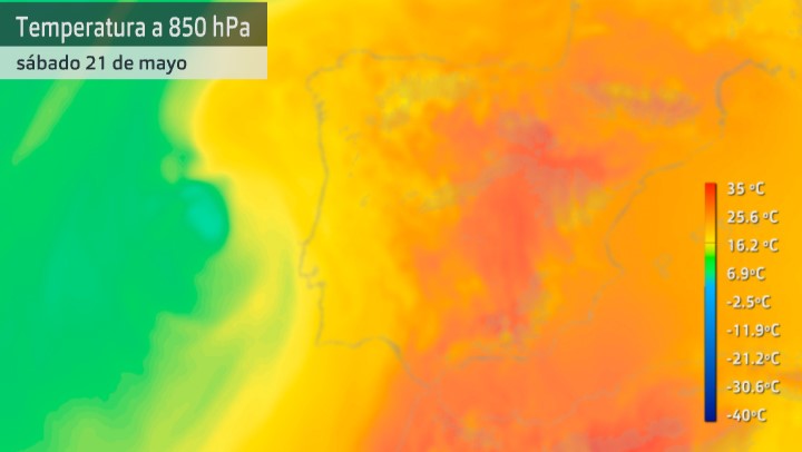 Mapa de temperatura a 1.500 metros sobre la superficie (masas de aire cálido) para el sábado 21 de mayo