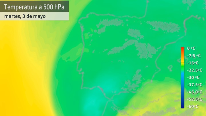 Mapa de temperatura en zonas altas de la atmósfera (a 500 hpa) del 3 de mayo