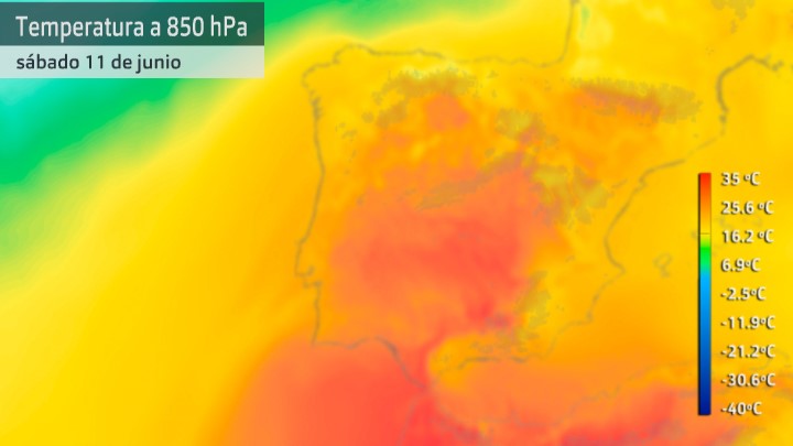 Mapa de temperatura prevista a 850 hPa del sábado 11 de junio de 2022