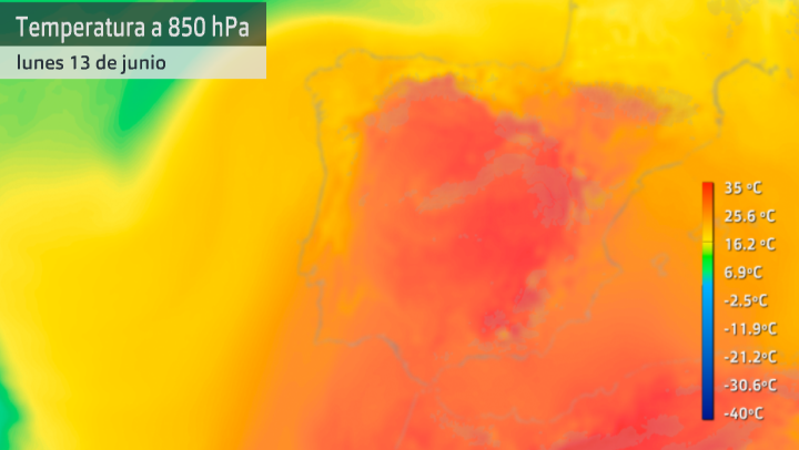 Mapa de temperatura a 1.500 metros sobre la superficie (masas de aire cálido) para el lunes 13 de junio