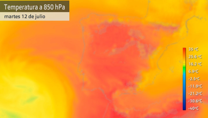 Mapa de temperatura a 1.500 metros sobre la superficie (masas de aire cálido) para el martes 12 de julio