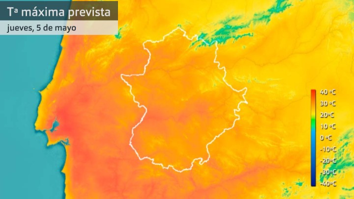 Mapa de temperaturas máximas para el jueves 5 de mayo