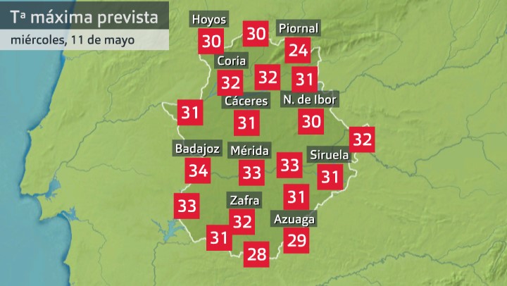 Temperaturas máximas previstas para el miércoles 11 de mayo