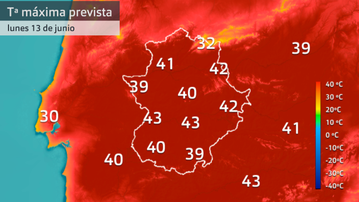 Mapa de temperaturas máximas para el lunes 13 de junio