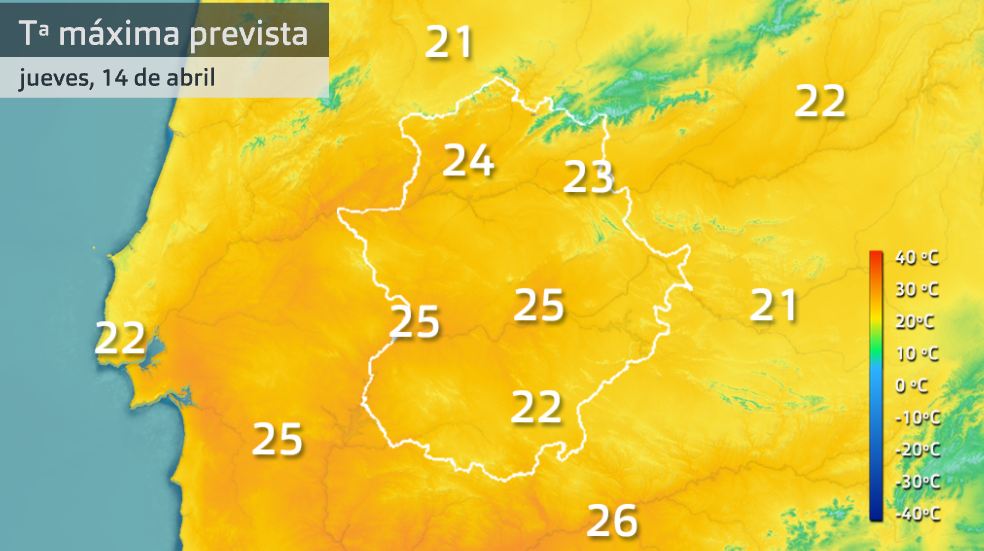 Mapa de temperaturas máximas para el jueves 14 de abril
