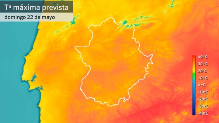 Mapa de temperaturas máximas para el domingo 22 de mayo