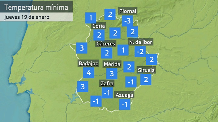Temperatura mínima jueves 19 de enero. Datos hasta las 6:30 h. Aemet, Meteoclimatic et al.