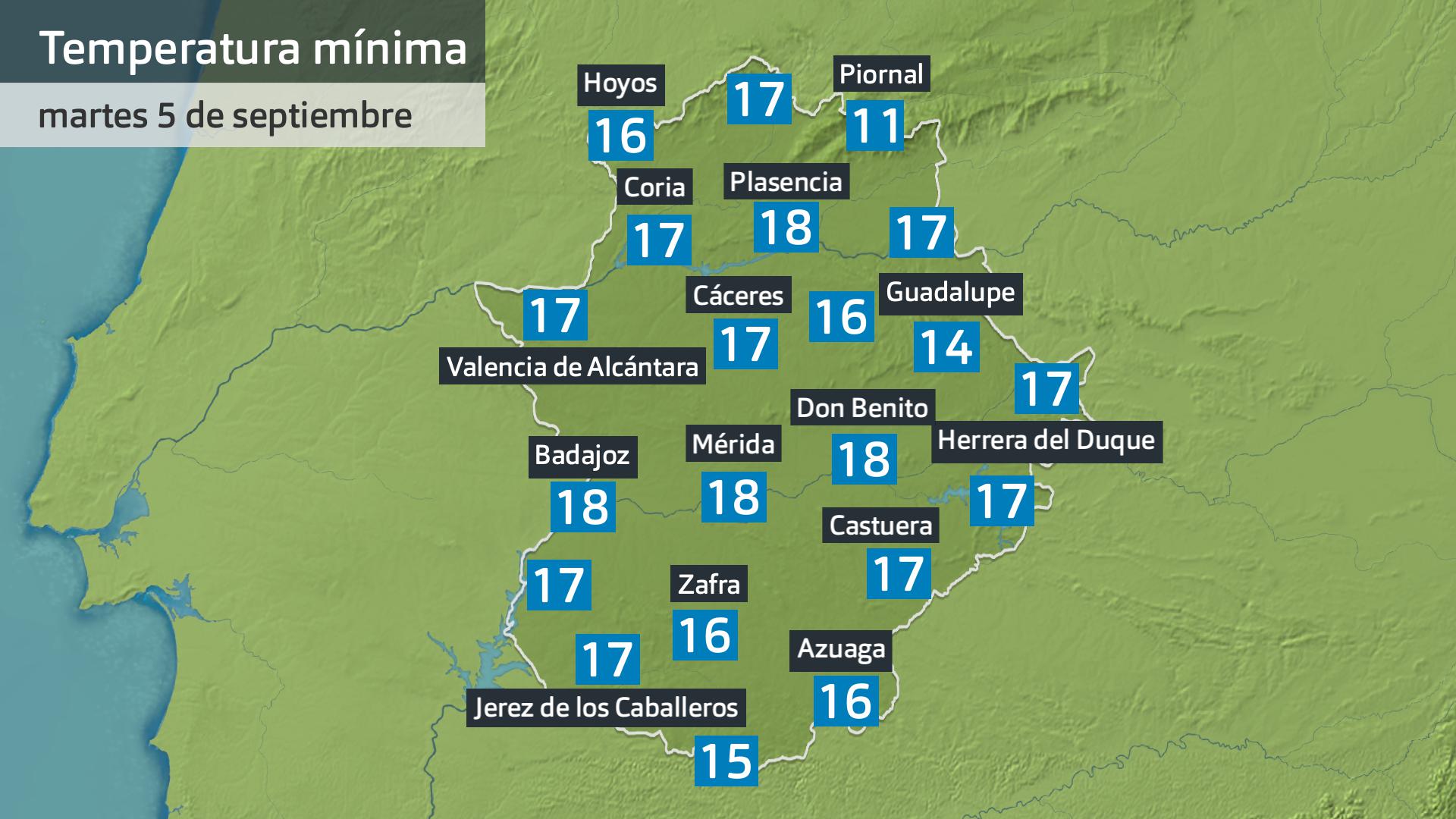 Temperatura mínima martes 5 de septiembre. Datos hasta las 6:30 h. Aemet, Meteoclimatic et al.
