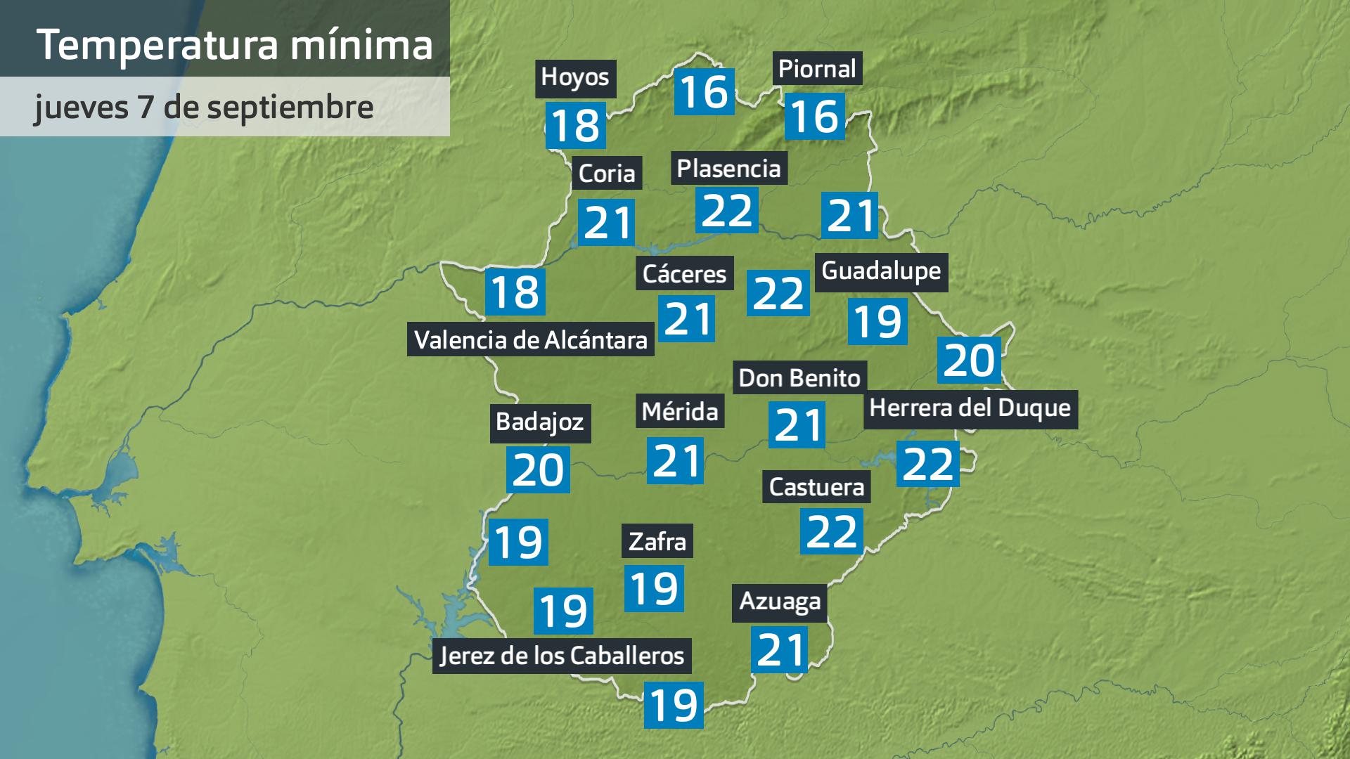 Temperatura mínima jueves 7 de septiembre. Datos hasta las 6:30 h. Aemet, Meteoclimatic et al.