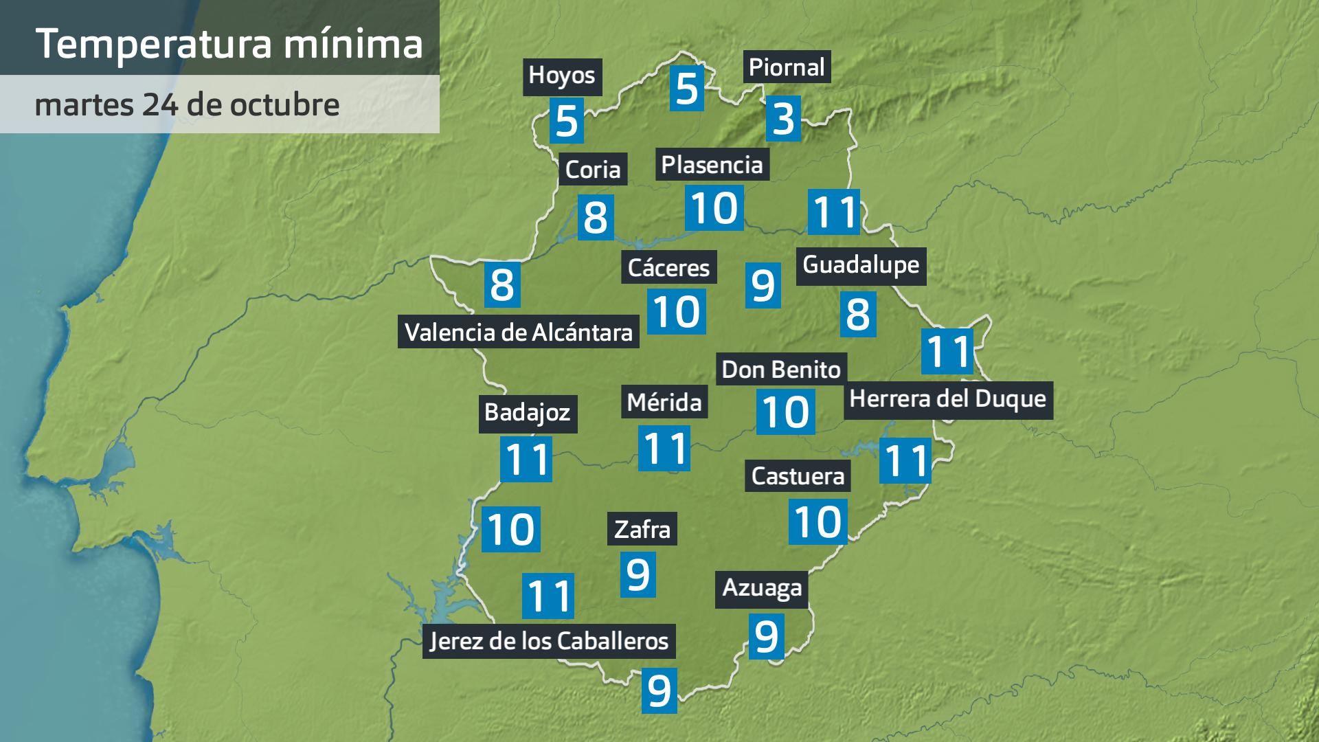 Temperatura mínima martes 24 de octubre. Datos hasta las 6:30 h. Aemet, Meteoclimatic et al.