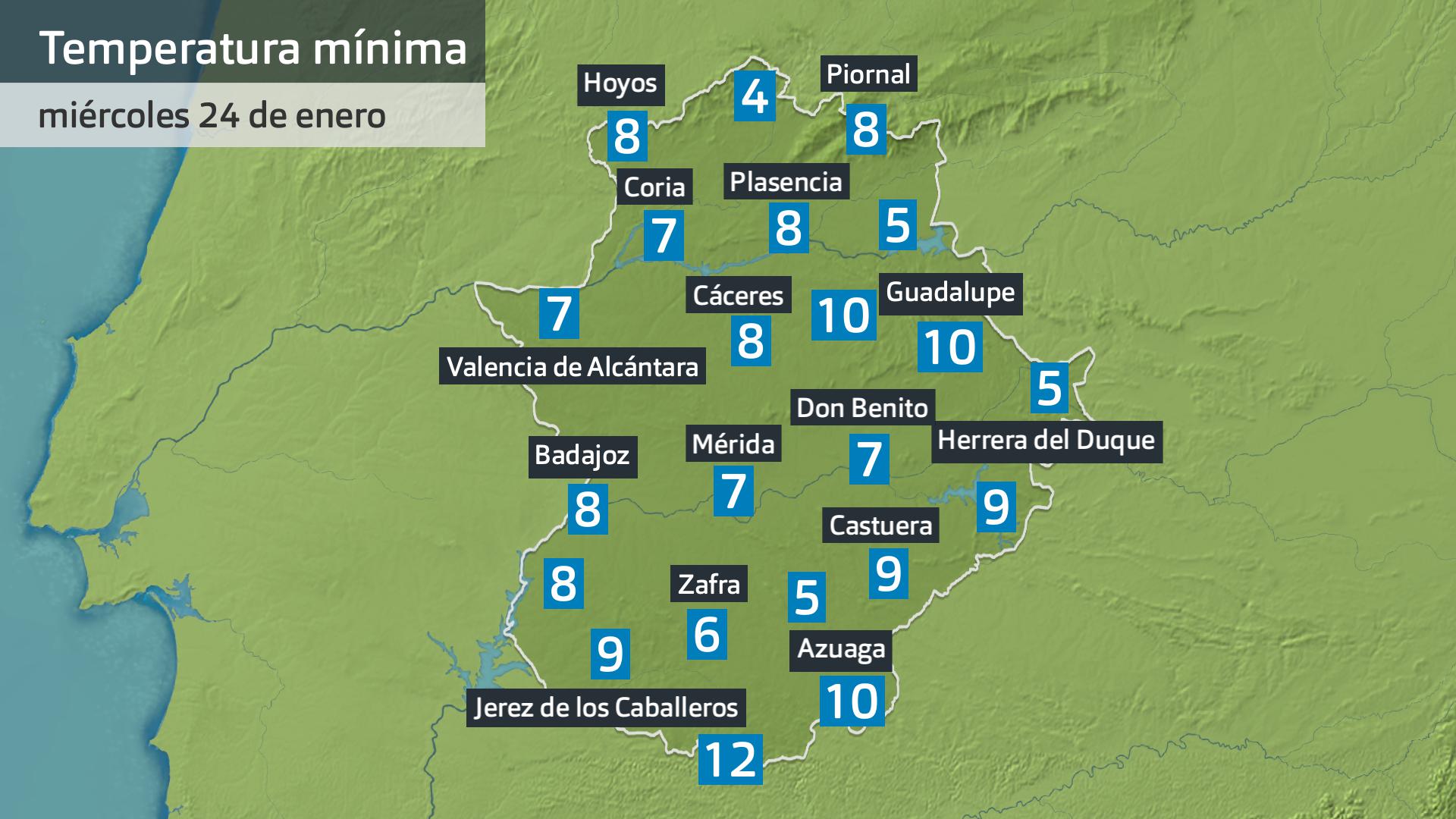 Temperatura mínima miércoles 24 de enero. Datos hatsa las 6:30 h. Aemet, Meteoclimatic et al.