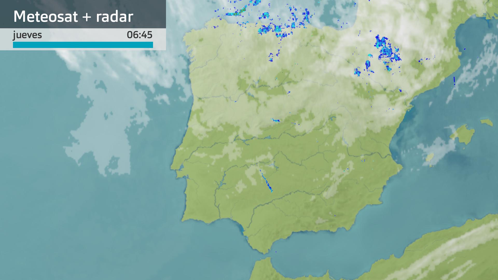 Imagen del Meteosat + radar meteorológico jueves 16 de mayo 6:45 h.