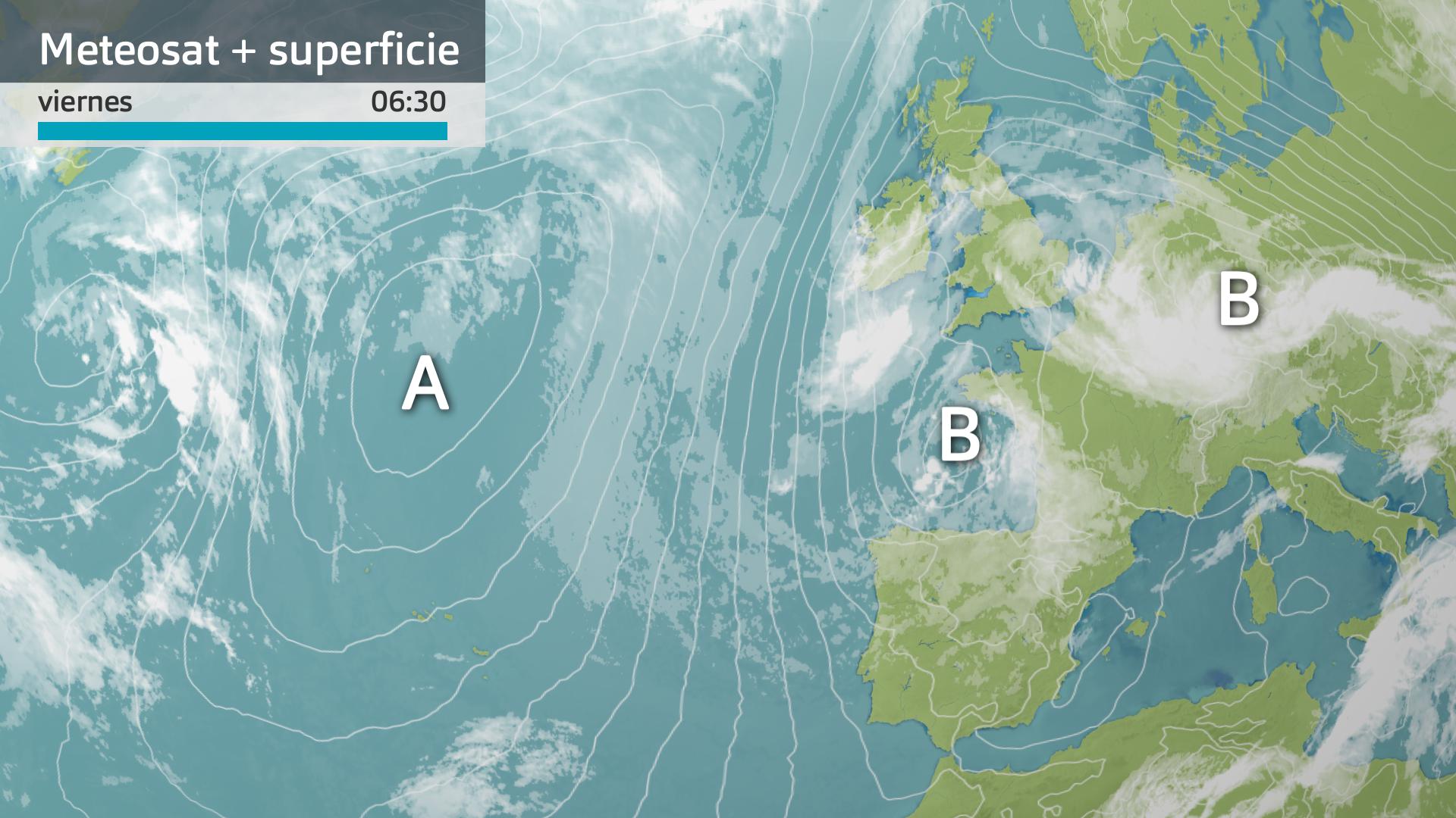 Imagen del Meteosa + mapa de superficie viernes 17 de mayo 6:30 h.