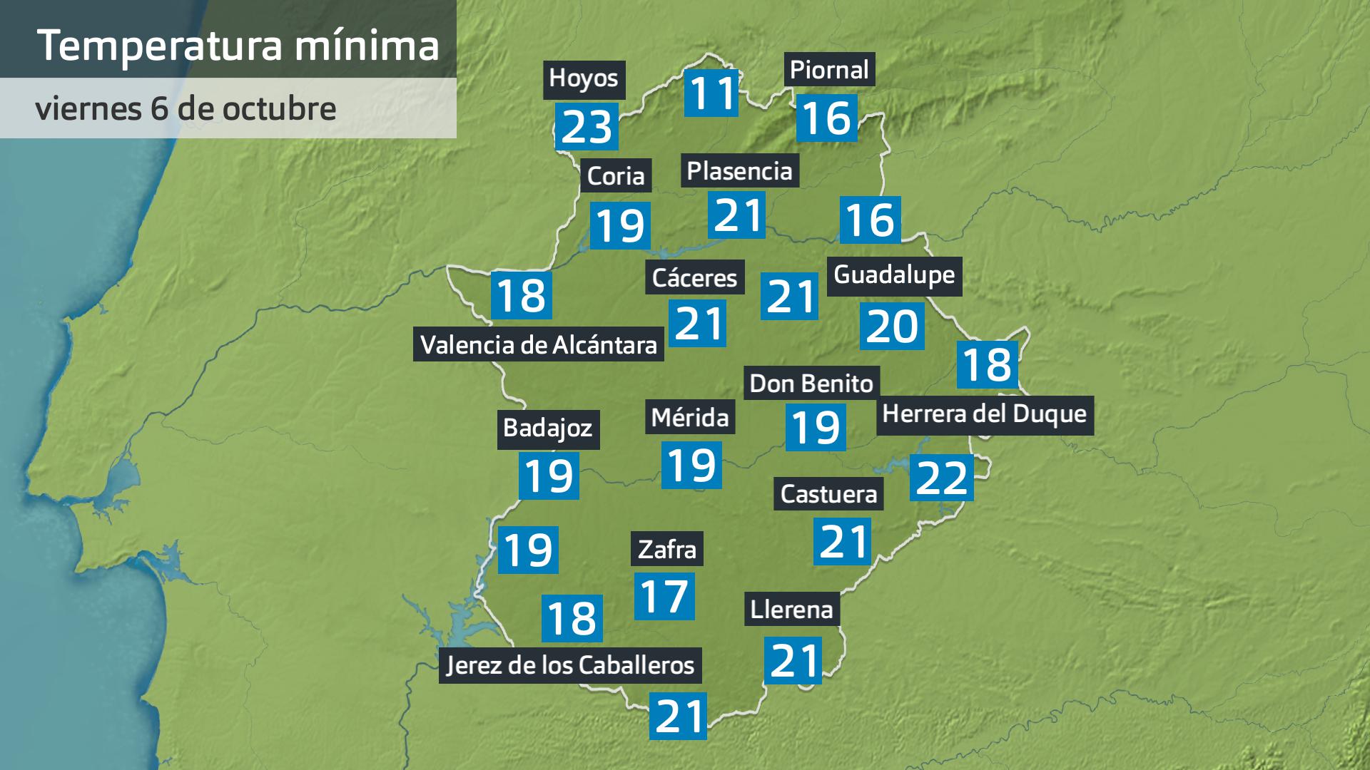 Temperatura mínima viernes 6 de octubre. Datos hasta las 6:30 h. Aemet, Meteoclimatic et al.