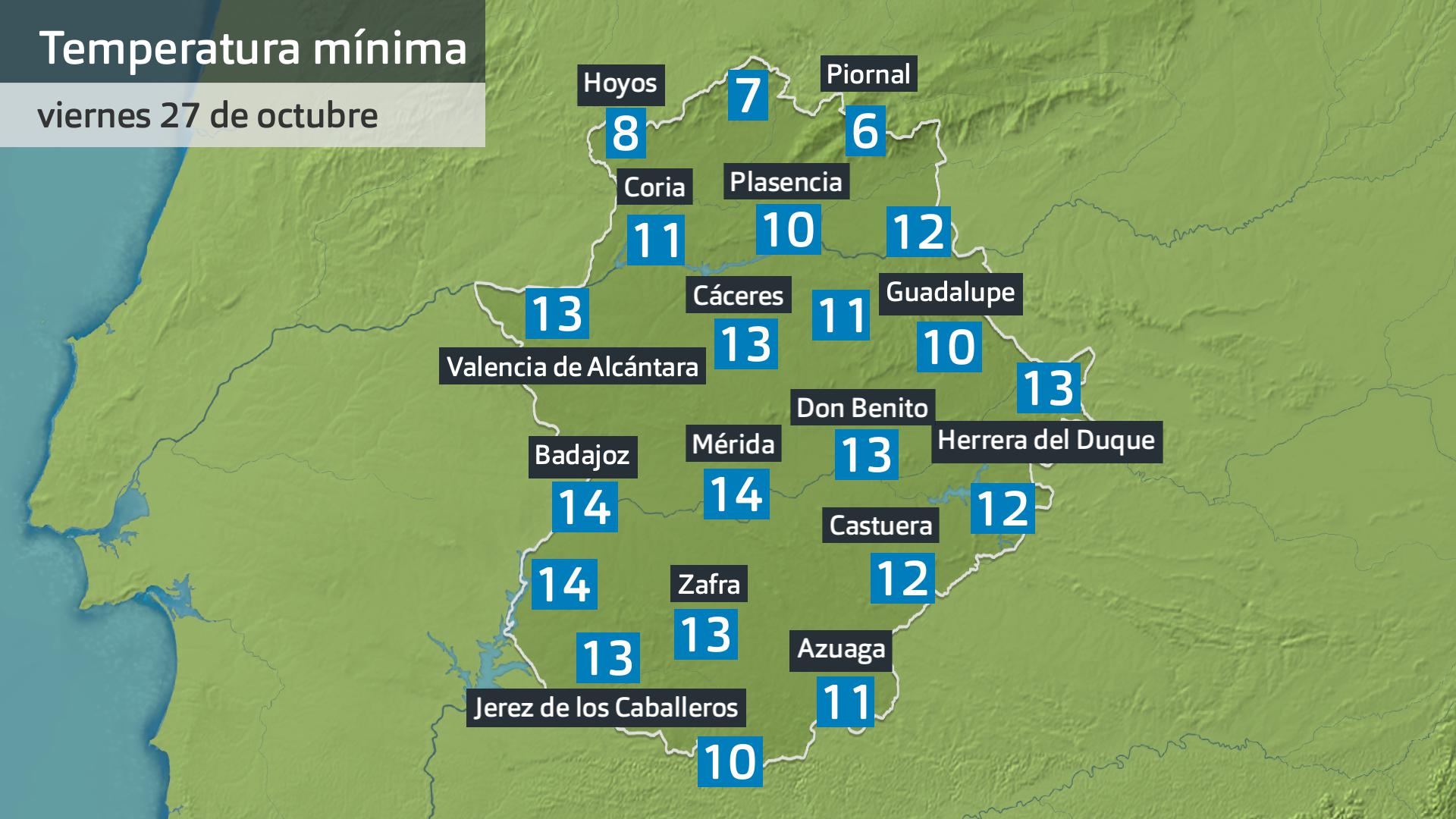 Temperatura mínima viernes 27 de octubre. Datos hasta las 6:30 h. Aemet, Meteoclimatic et al.