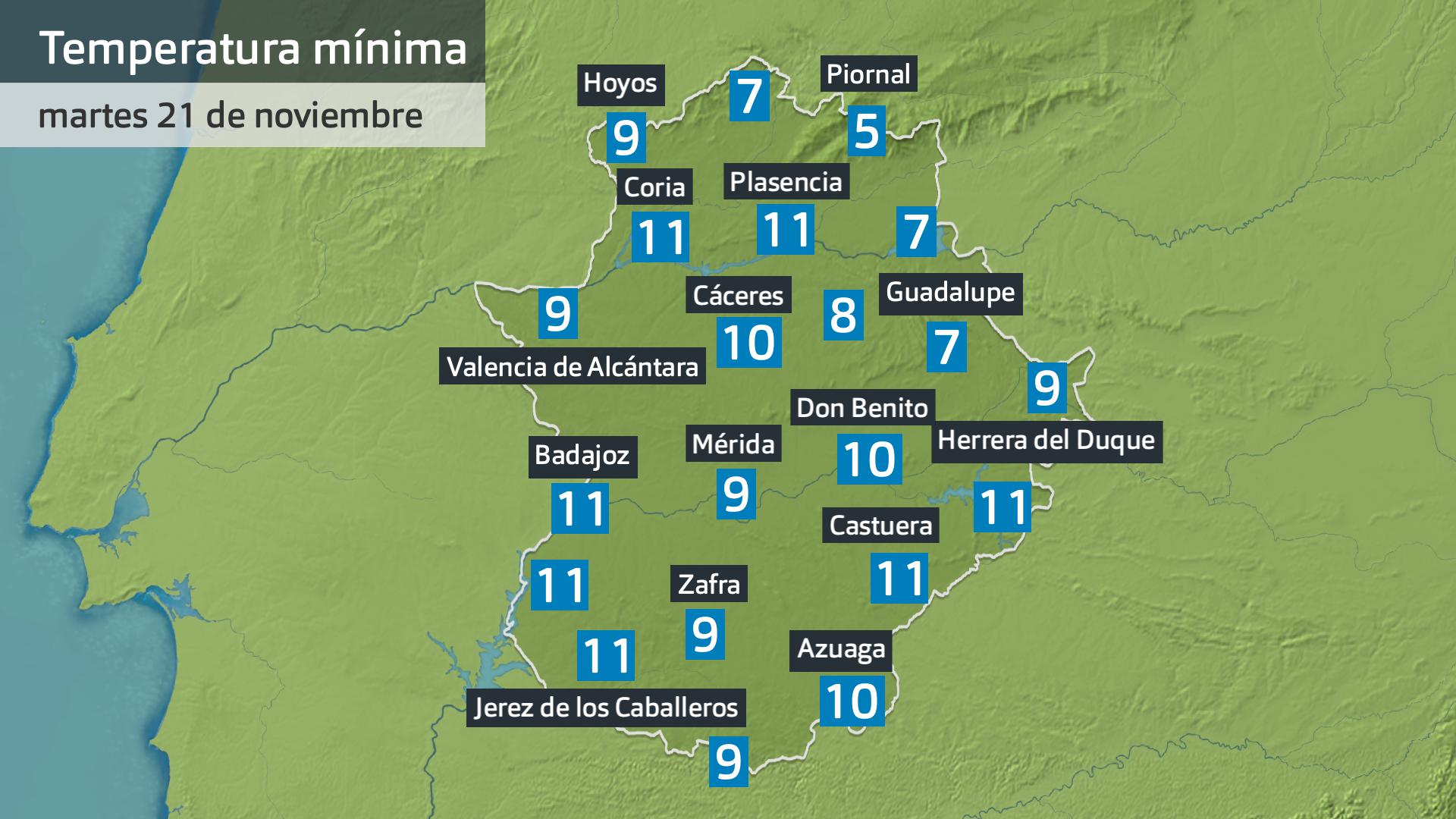 Temperatura mínima martes 21 de noviembre. Datos hasta las 6:30 h. Aemet, Meteoclimatic et al.