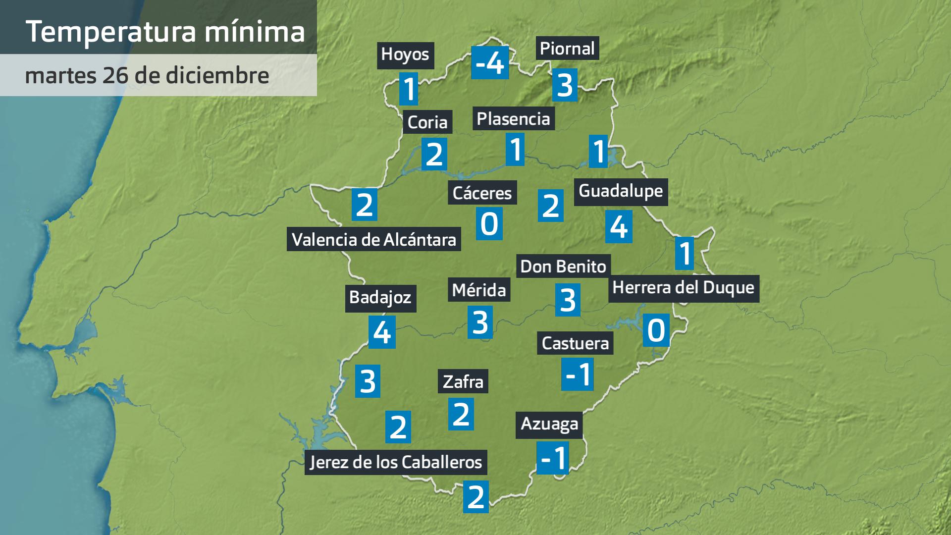 Temperatura mínima martes 26 de diciembre. Datos hasta las 6:30 h. Aemet, Meteoclimatic et al.