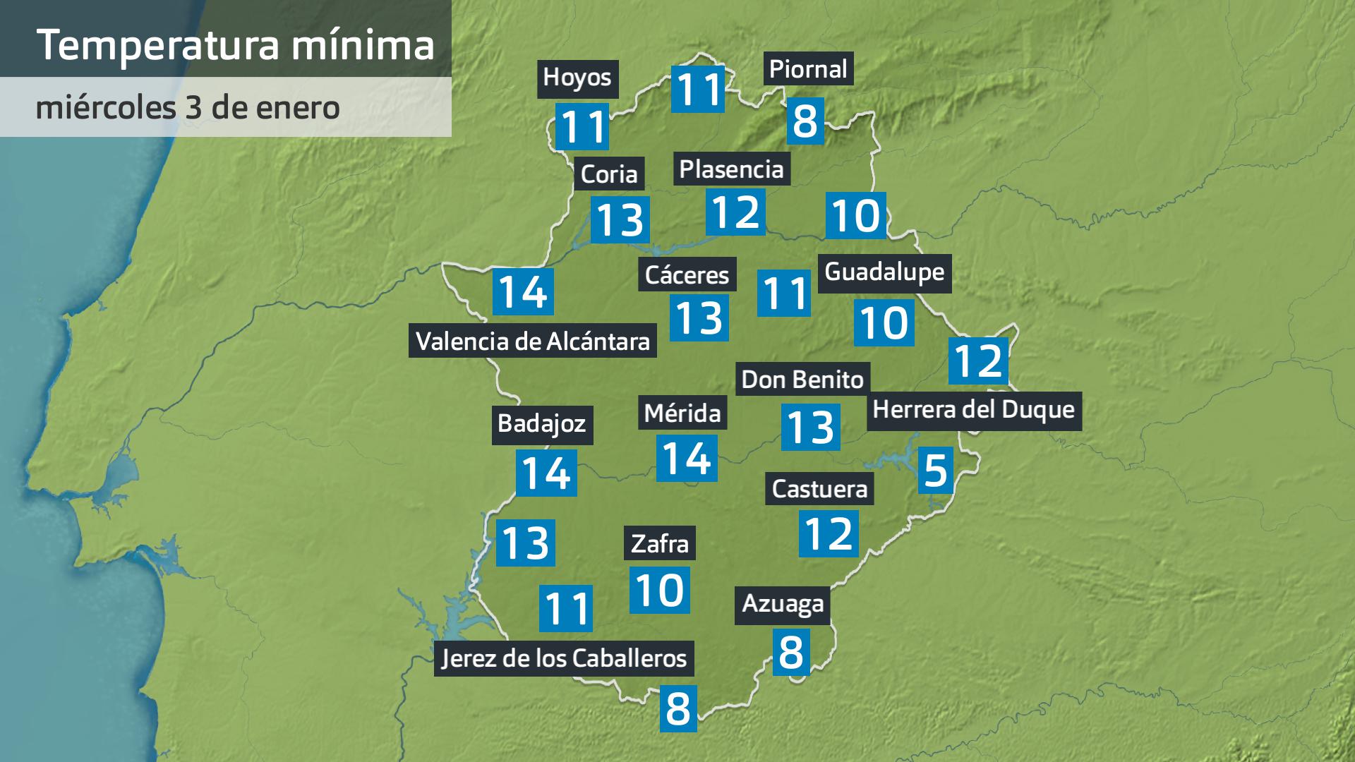 Temperatura mínima miércoles 3 de enero. Datos hasta las 6:30 h. Aemet, Meteoclimatic et al.