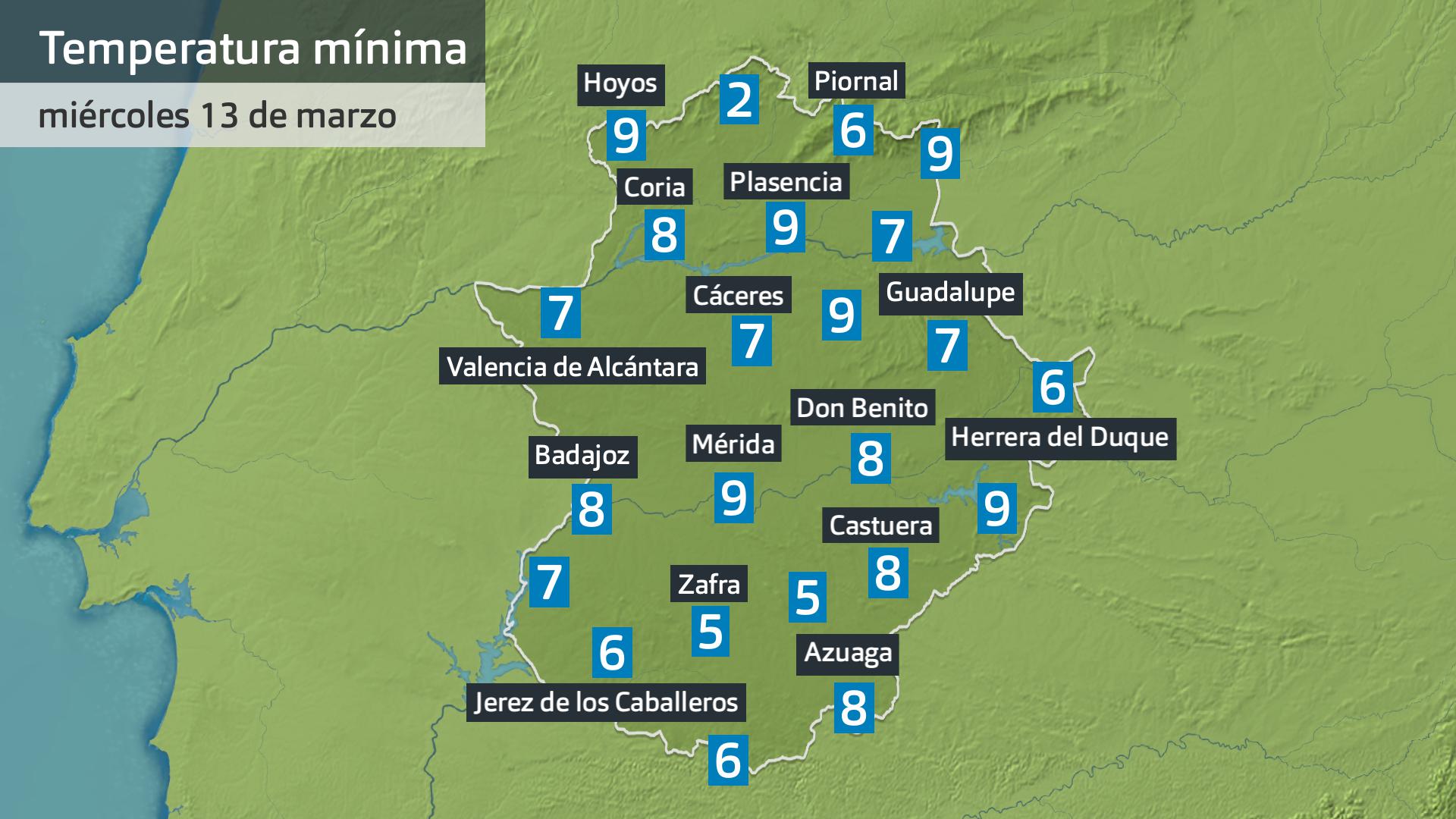 Temperatura mínima miércoles 13 de marzo. Datos hasta las 7:45 h. Aemet, Meteoclimatic et al.