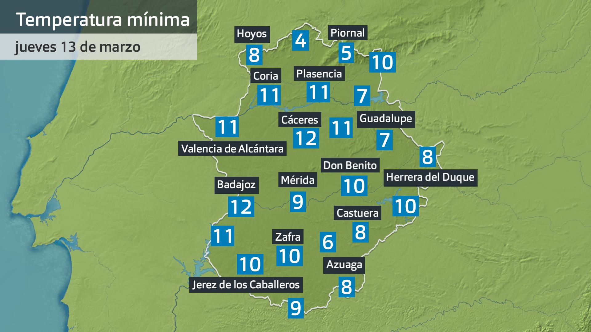 Temperatura mínima jueves 14 de marzo. Datos hasta las 7:30 h. Aemet, Meteoclimatic et al.