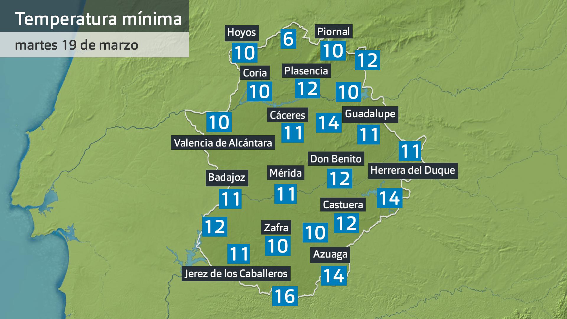 Temperatura mínima martes 19 de marzo. Datos hasta las 7:45 h. Aemet, Meteoclimatic et al.