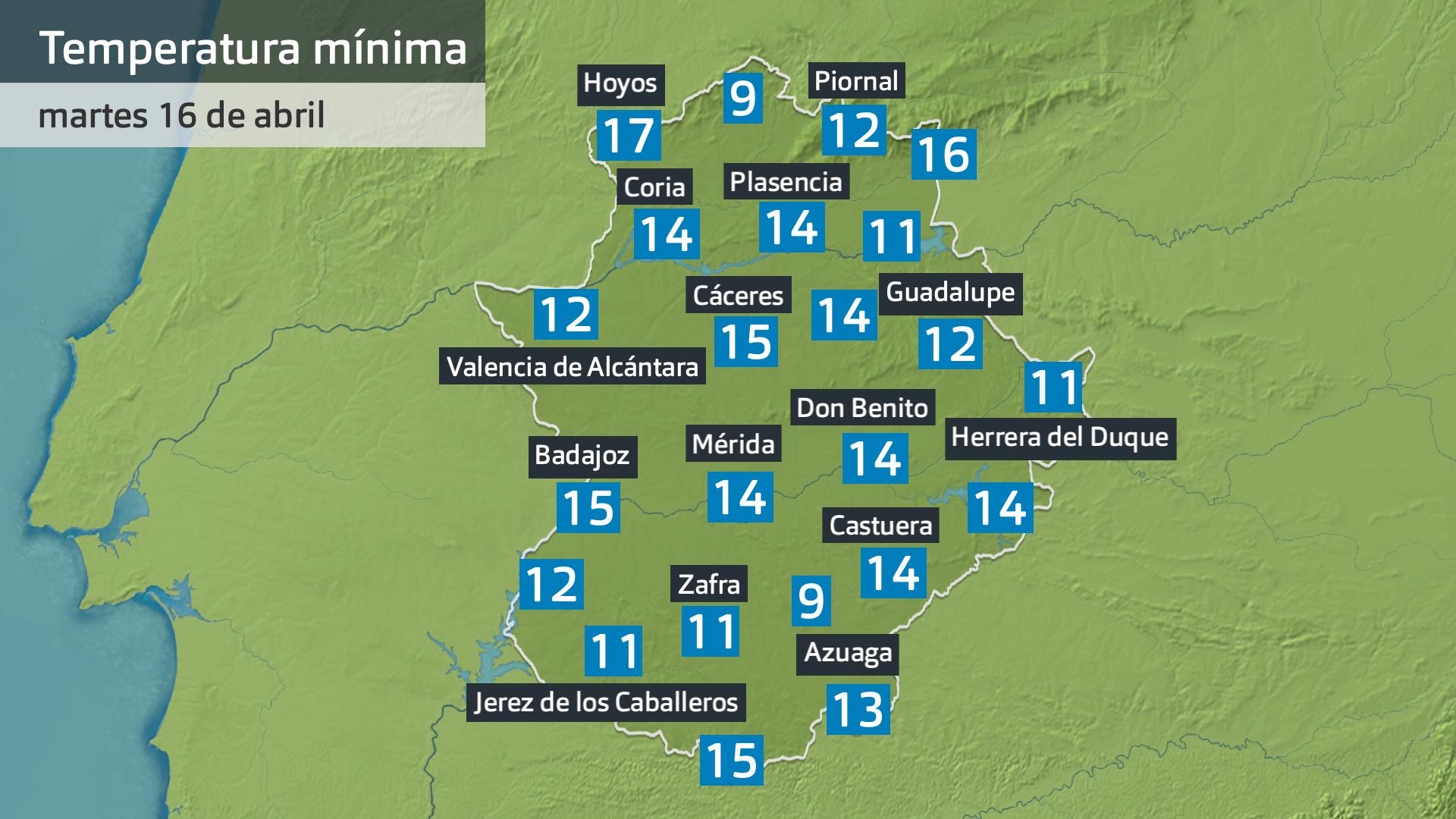 Temperatura mínima martes 16 de abril. Datos hasta las 7:30 h. Aemet, Meteoclimatic et al.