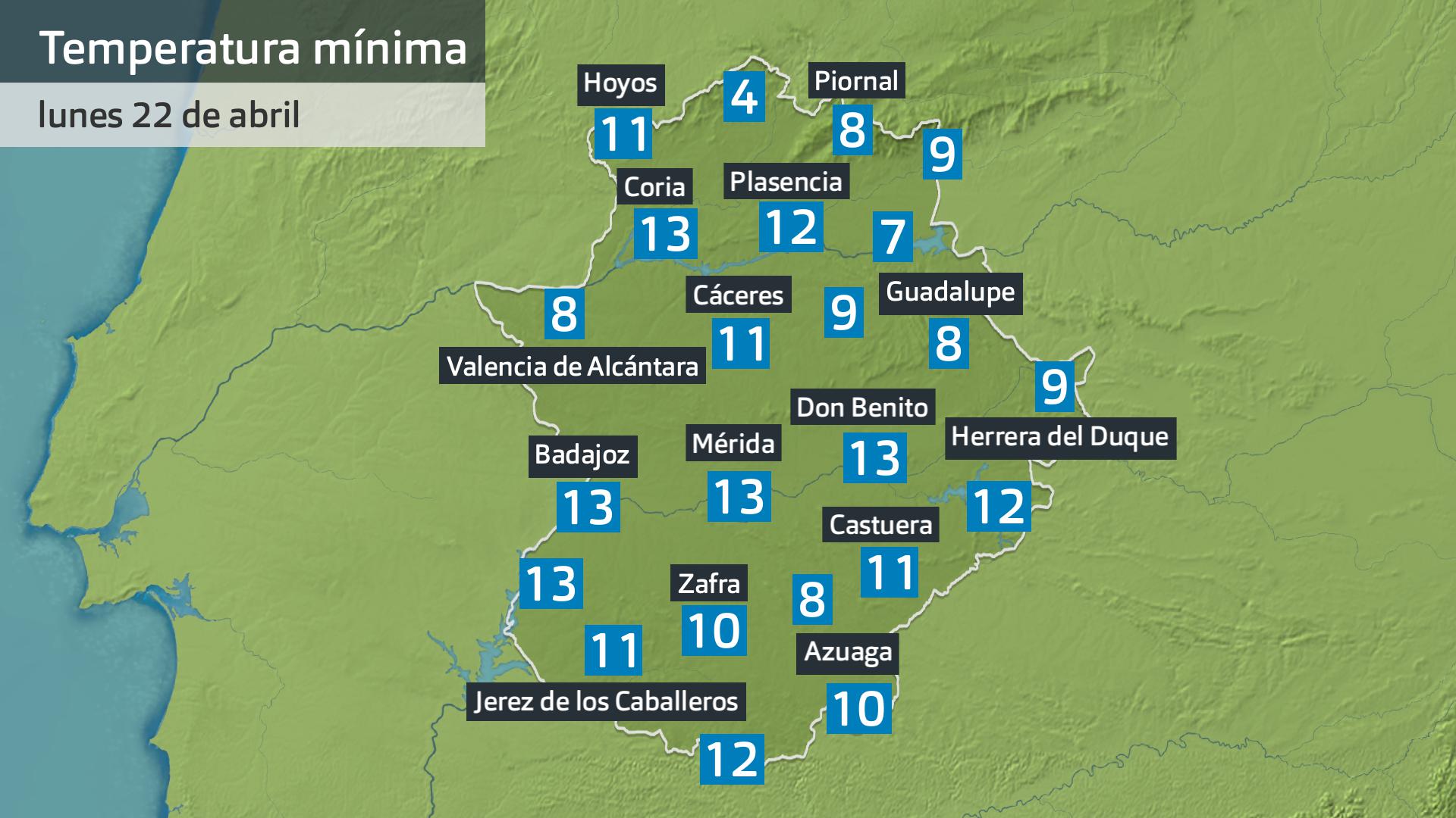 Temperatura mínima lunes 22 de abril. Datos hasta las 7:30 h. Aemet, Meteoclimatic e al.