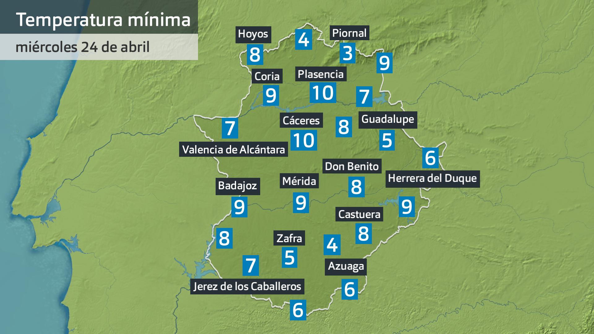 Temperatura mínima miércoles 24 de abril. Datos hasta las 7:30 h. Aemet, Meteoclimatic et al.