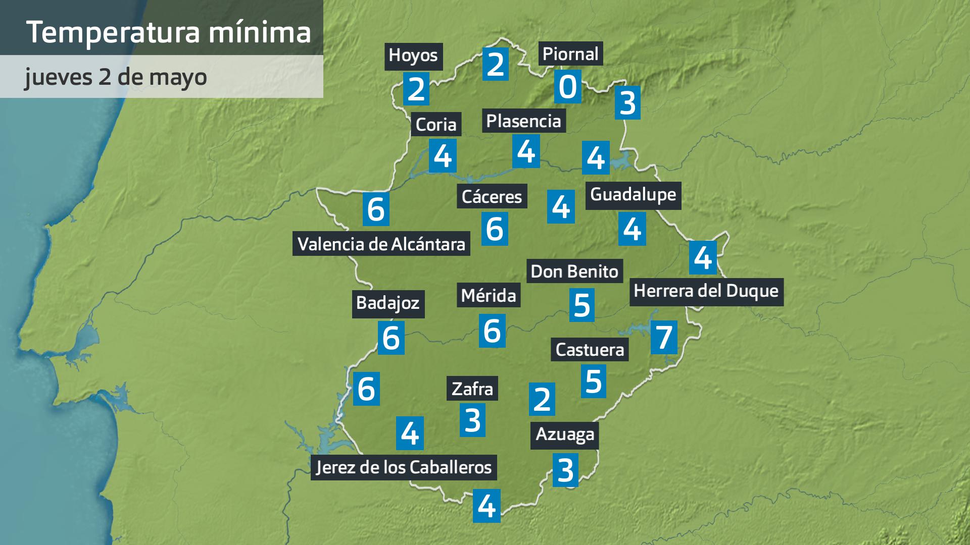 Temperatura mínima jueves 2 de mayo. Datos hasta las 7:45 h. Aemet, Meteoclimatic et al.