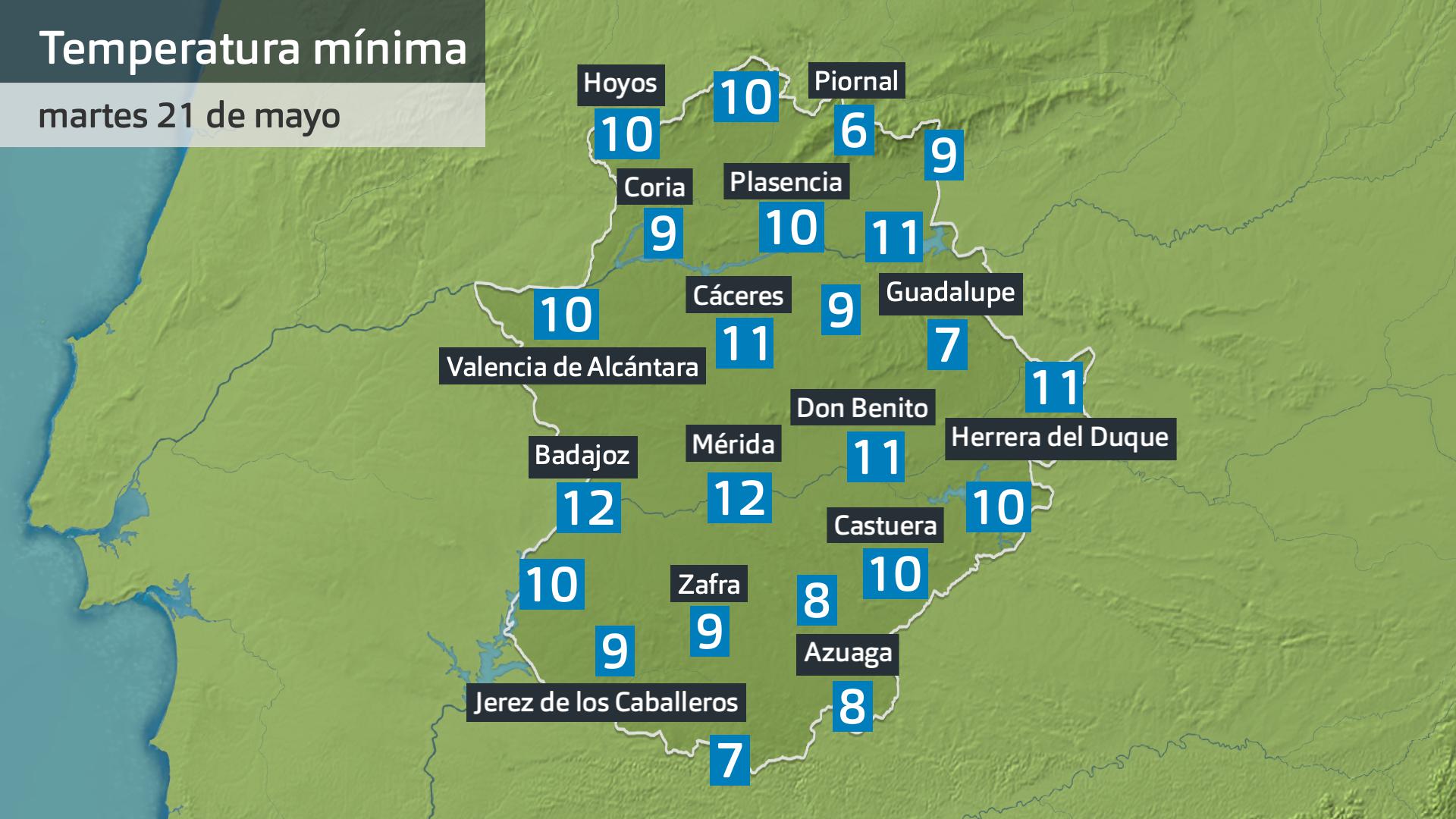 Temperatura mínima martes 21 de mayo. Datos hasta las 7:45 h. Aemet, Meteoclimatic et al.