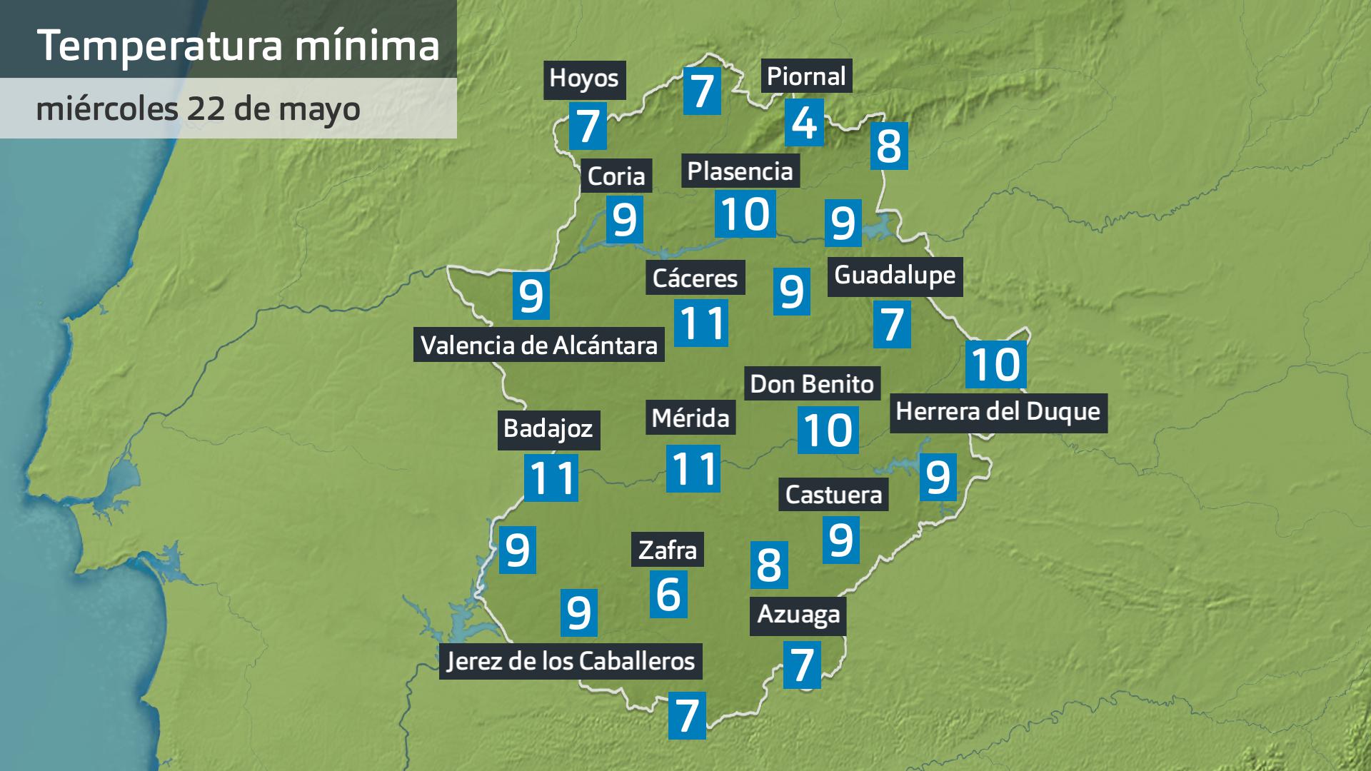 Temperatura mínima miércoles 22 de mayo. Datos hasta las 7:45 h. Aemet, Meteoclimatic et al.
