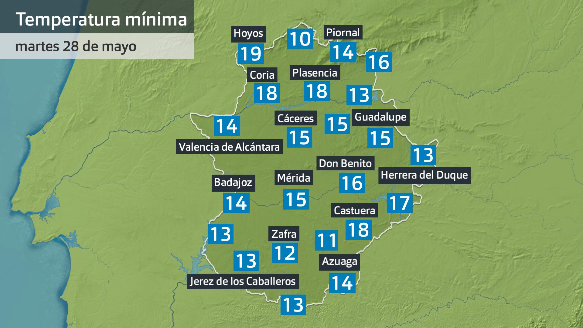Temperatura mínima martes 28 de mayo. Datos hasta las 6:45 h. Aemet, Meteoclimatic et al.