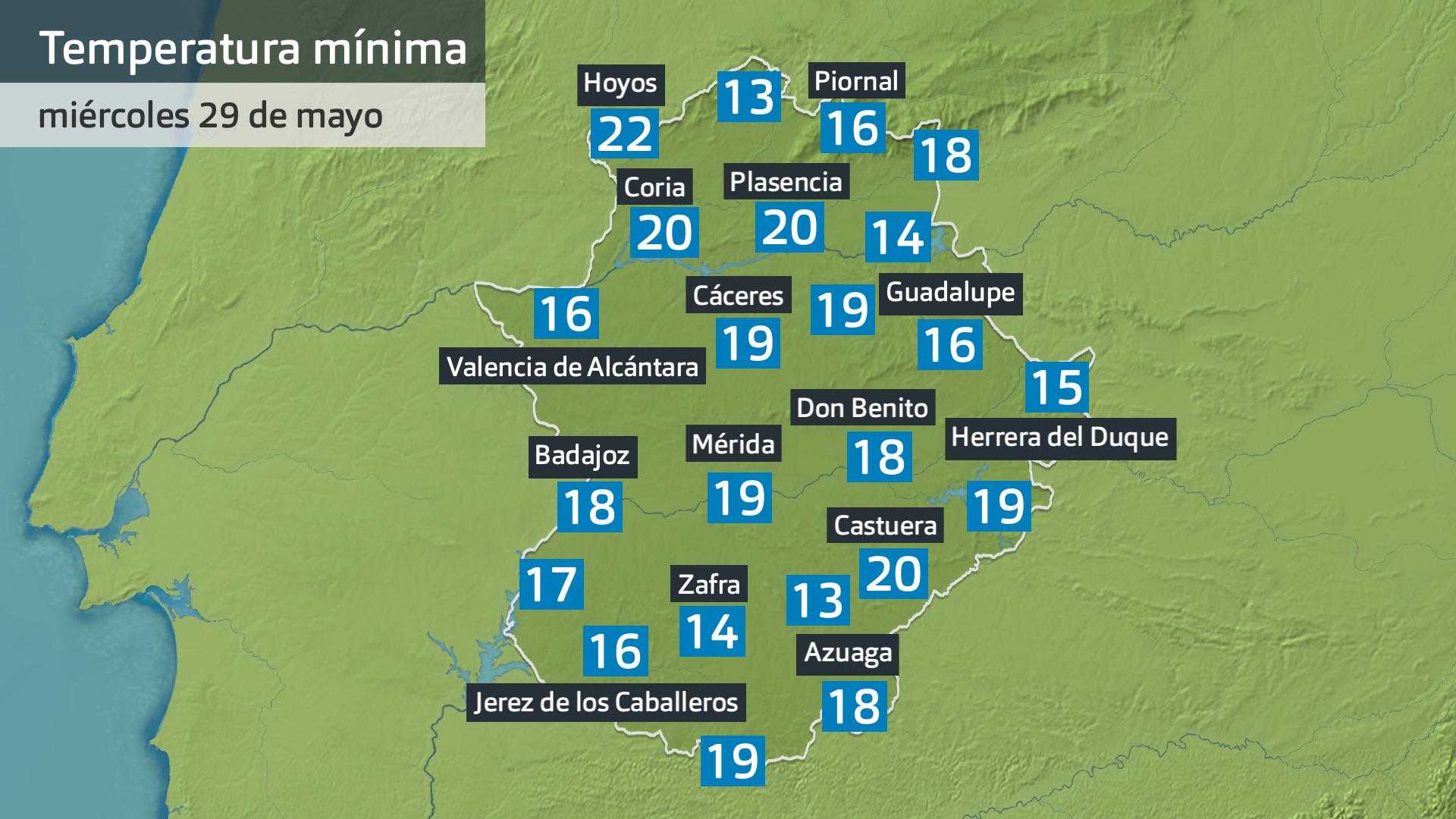 Temperatura mínima miércoles 29 de mayo. Datos hasta las 6:45 h. Aemet, Meteoclimatic et al.