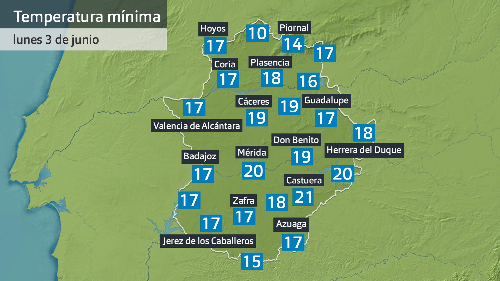 Temperatura mínima lunes 3 de junimo. Datos hasta las 6:45 h. Aemet, Meteoclimatic et al.
