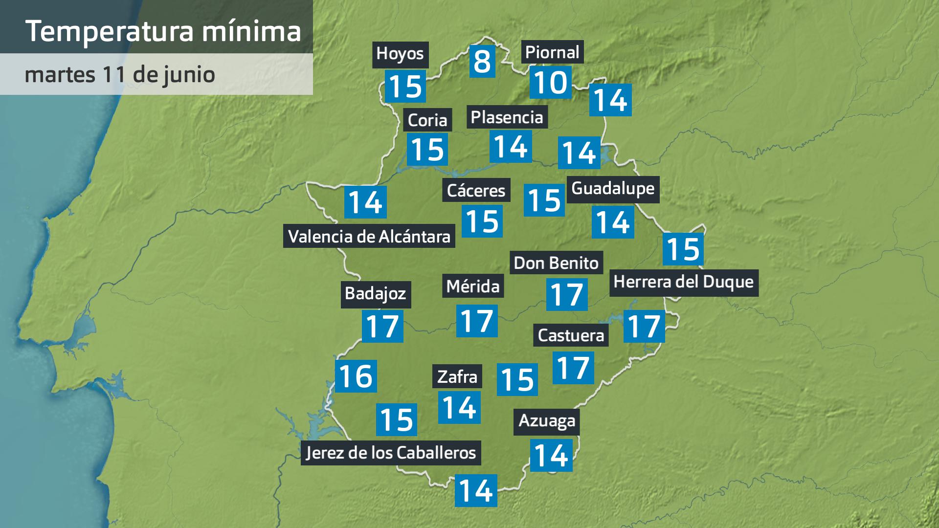 Temperatura mínima martes 11 de junio. Datos hasta las 7:30' h. Aemet, Meteoclimatic et al.