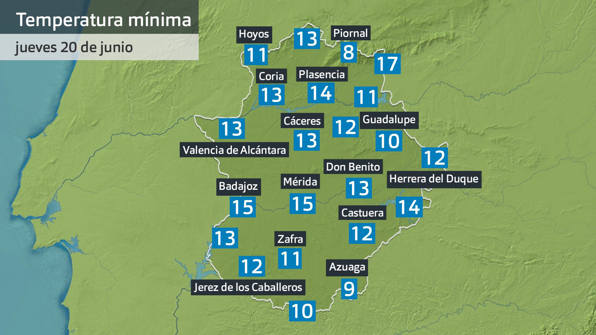 Temperatura mínima jueves 20 de junio. Datos hasta las 6:45 h. Aemet, Meteoclimatic et al.