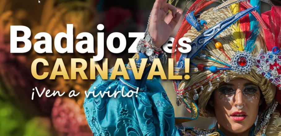Portada de la web oficial del Carnaval de Badajoz. Se lee: "Badajoz es Carnaval. Ven a vivirlo"