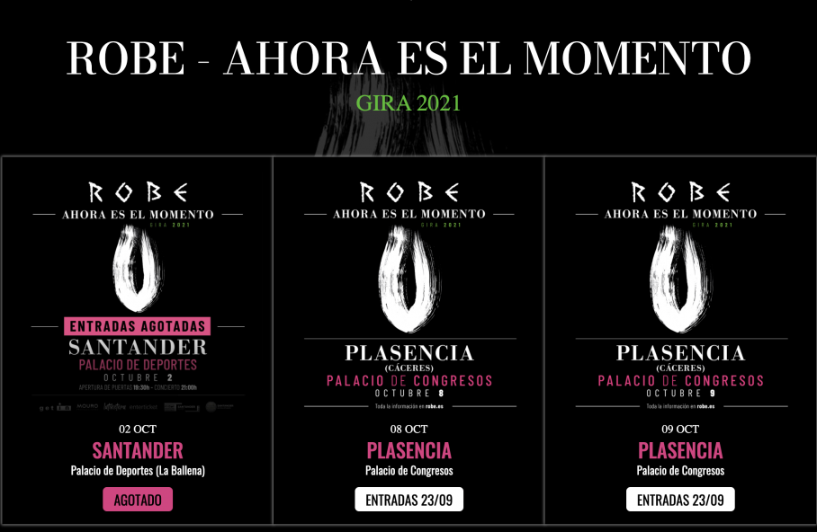 Web de Robe informando de la venta de entradas