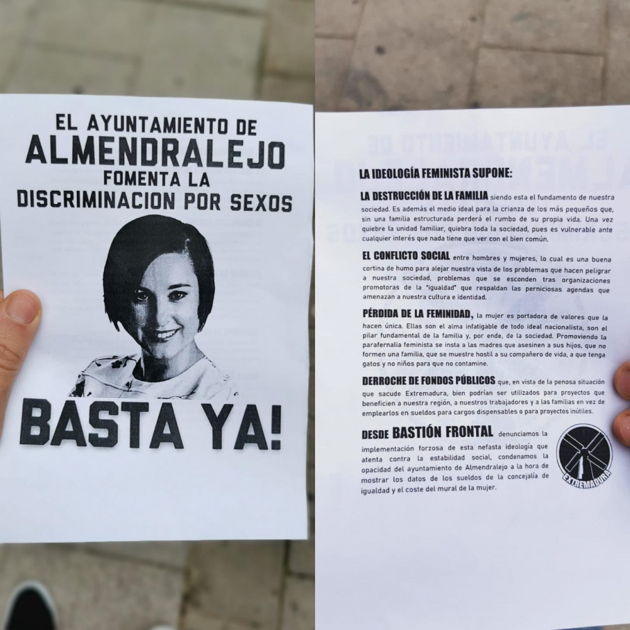 Panfletos repartidos en Almendralejo contra la labor de la concejalía de Igualdad