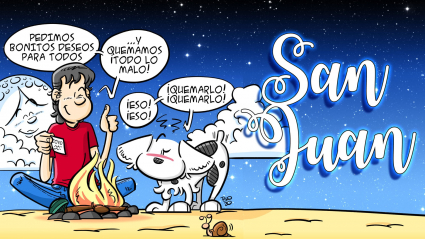 Un joven y su perro (LIco)preparan junto al fuego sus deseos para la noche de San Juan
