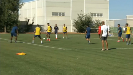 Los jugadores del Extremadura en la sesión de entrenamiento de esta mañana