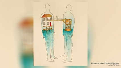 Lámina de la exposición  Pesquisas sobre a matéria Humana, de Lucas Almeida. Dos personas se miran sin tocarse, pero están conectada por "un puente" entre ellas. 