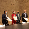Firma de la declaración de intenciones sobre la azucarera entre la ministra de Industria, Turismo y Comercio, Reyes Maroto; el presidente de la Junta de Extremadura, Guillermo Fernández Vara y el representante de Ibérica Sugar Company SLU, Jamal Majid Al-Ghurair.