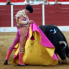 El diestro Ginés Marín, durante su faena hoy sábado en el coso de Fregenal de la Sierra, enclavado en el patio de armas del castillo templario de la localidad extremeña.